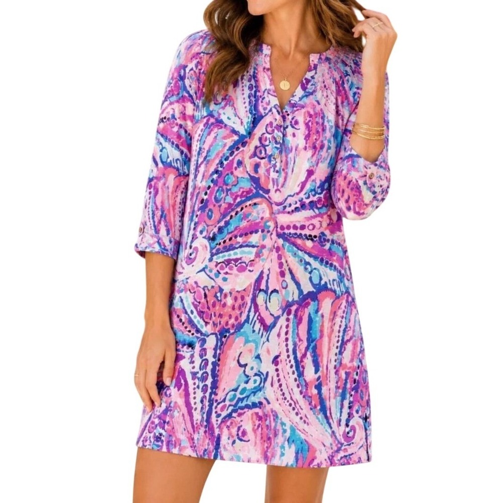 Lilly Pulitzer Sleeved Essie Dress Size L Pink Colony Coral Print Shell Out